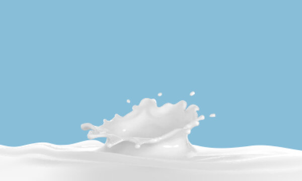 Milk splash with drops isolated on blue background. Waves of milk with crown splash. Vector realistic illustration