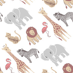 Safari theme seamless vector pattern with hand drawn illustrations of african animals
