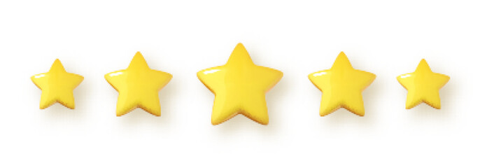 Five yellow stars isolated on white background. Five rating stars. Product rating or customer feedback concept. Vector 3D illustration