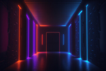 futuristic motel room illuminated with neon lights, hot and sexy colors background clouds neon Generative AI, IA, Generativa