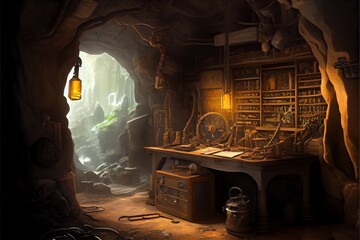 Secret steampunk science lab in a cave. Generative AI