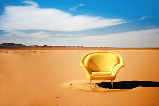 Yellow chair in the middle of the desert. Generative AI