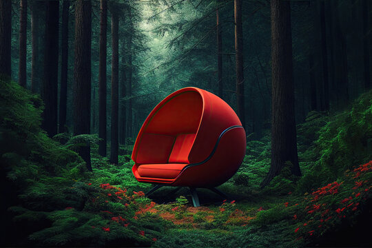 Red armchair in the middle of the forest.Generative AI