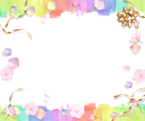 Naklejka na ściany i meble 桜の花とつぼみと花びらー虹色宝石ーゴールドリボンレインボー白バック背景素材