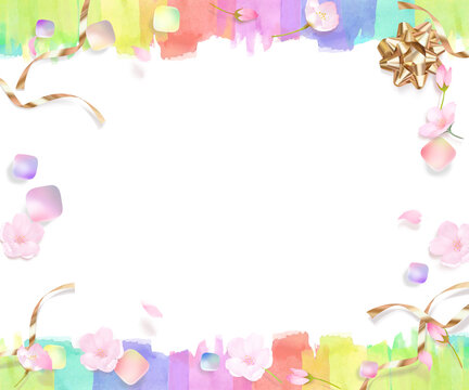 桜の花とつぼみと花びらー虹色宝石ーゴールドリボンレインボー白バック背景素材
