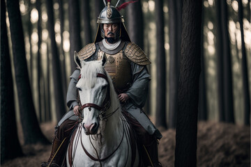 Samurai in the forest on a white horse, Japanese medieval warrior in armor, ai generated cinematic art