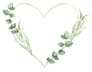 Heart-shaped greenery wreath with a rose gold hoop. Watercolor green leaf and foliage frame. Botanical painting. PNG clipart on transparent background. - 562747926