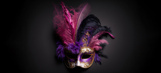 Carnival party. Venetian mask with feathers, copy space, banner. Mardi Gras festival decoration. AI generative