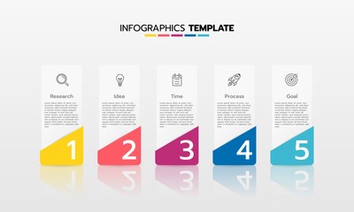 Business infographic template process with simple geometry square, rectangle, circle, triangle, curves in flat design template with thin line icons and 5 options or steps. Vector illustration.