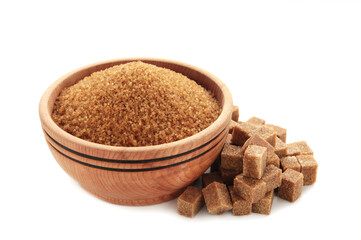 Brown sugar cubes with bawl isolated on white background
