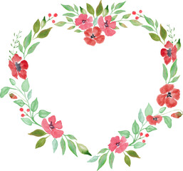 Watercolor floral wreath heart with  painted flowers and leaves. Hand drawn illustration. Design for invitation, wedding or greeting cards. Vector EPS.