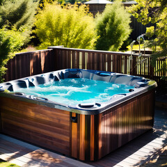 A bubbling hot tub in a backyard. 