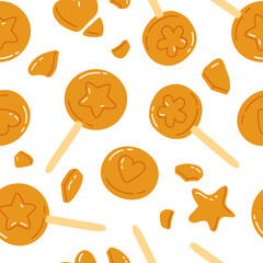 Vector seamless pattern illustration of cute  doodle asian food dalgona candy