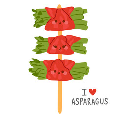 Vector illustration of cute  doodle asian food asparagus bacon on skewers for print ,design, greeting card,sticker,icon