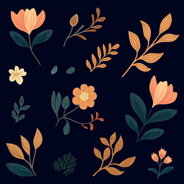 Leaves and Flowers Set for Pattern on Black Background. Vector
