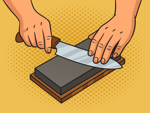 man sharpening knife blade pinup pop art retro vector illustration. Comic book style imitation.