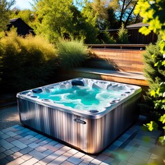 A bubbling hot tub in a backyard. 