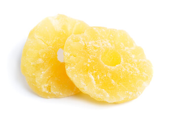 Dreied Pineapple rings isolated on white background.