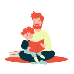Father and son reading a book together. Vector illustration