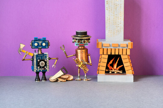 A toy robots near the fireplace chimney, mantle. The concept of home warmth and comfort. Brown wall gray floor background