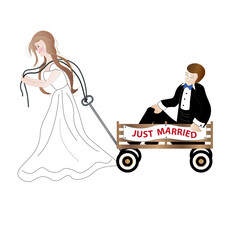 Humorous illustration of a bride pulling the groom behind her in a wagon with a sign on it, just married.