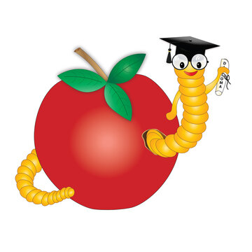 Illustration of a large yellow worm who has graduated and wearing a cap and holding his diploma after he slips out of a large red apple.  Concept fun image.