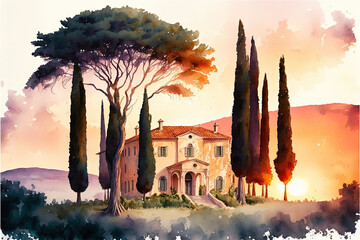 watercolor painting Tuscany villa | Generative AI - obrazy, fototapety, plakaty