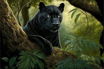 Foto op Plexiglas a black panther sits on a tree. Generative AI © jr-art