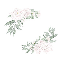 Border with pink white roses, wedding flowers and green leaves. Birthday flora. Holiday plants