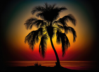 a silhouette of a palm tree at a sunset. Generative AI