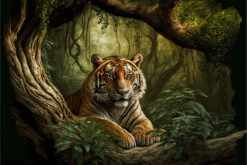 a tiger lies in the jungle between trees. Generative AI