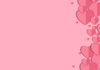 Paper pink hearts fly on soft pink color background, border, copy space. Love Valentine day concept for design.