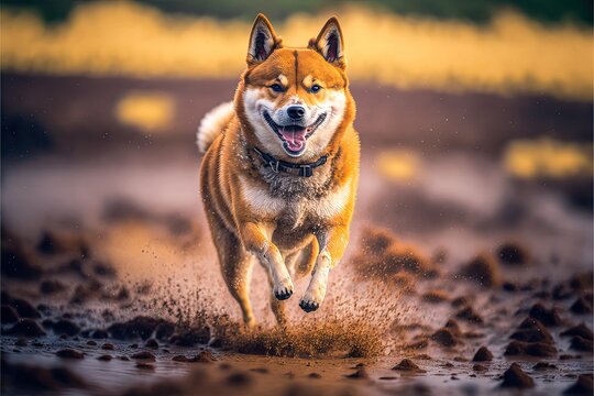 Shiba Inu dog enjoying the mud. Generative AI