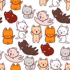 Cute kawaii cat characters icons with smiles. Seamless vector pattern with hand drawn illustrations of little pets
