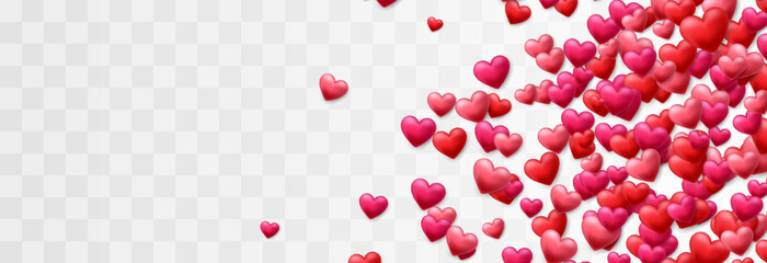 Vector 3d hearts design decorated on png background. Love symbol for Happy Women's, Mother's, Valentine's Day and birthday celebration. Red and pink hearts isolated on transparent background.