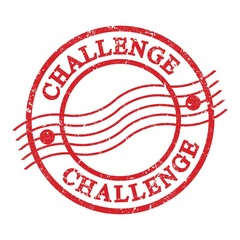 CHALLENGE, text written on red postal stamp.