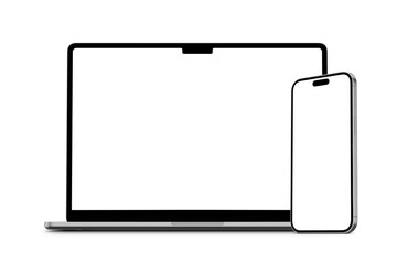 Isolated laptop and phone front view