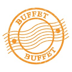 BUFFET, text written on orange  postal stamp.