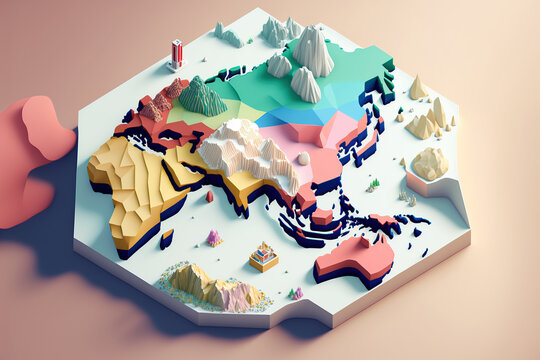 Map of Africa and Asia, pastel color, 3D render style, isometric view. Generative AI illustration.