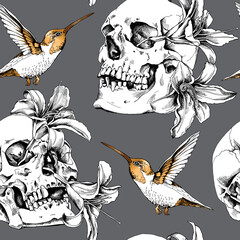 Seamless pattern. Human skulls with a exotic Hibiscus flowers and gold hummingbird. Textile composition, hand drawn style print. Vector illustration.