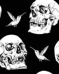 Seamless pattern. Human skulls and hummingbirds. Textile composition, hand drawn style print. Vector black and white illustration. - 562754929