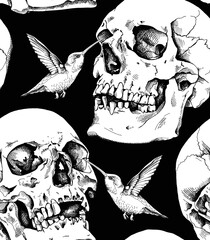 Seamless pattern. Human skulls and hummingbirds. Textile composition, hand drawn style print. Vector black and white illustration.