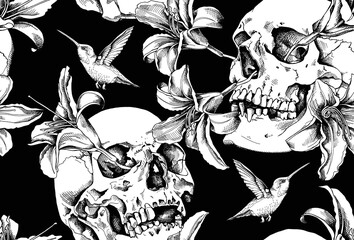 Seamless pattern. Human skulls with a exotic flowers and hummingbird. Textile composition, hand drawn style print. Vector black and white illustration. - 562754972
