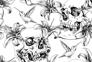 Seamless pattern. Human skulls with a exotic flowers and hummingbird on a gray background. Textile composition, hand drawn style print. Vector black and white illustration. - 562754990