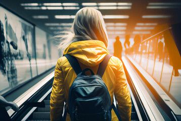 Back view of woman backpacker standing in airport escalator. Woman in a yellow jacket with a backpack. Generative AI.