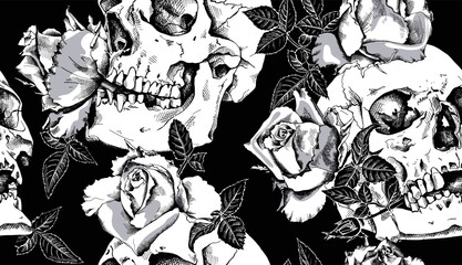 Seamless pattern. Human skulls with a rose flowers and leaves. Textile composition, hand drawn style print. Vector black and white illustration.
