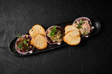 Set of raw fish snack in scallop shell on black background