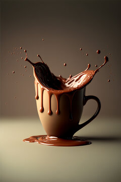 Hot chocolate splashing in to the cup. Generative AI