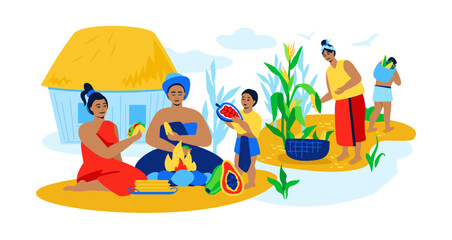 Life of peasants in the tribe - modern colored vector illustration