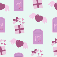 St. Valentine's day seamless pattern. Wrapping paper pattern with heart shaped balloon, mailbox and gift box.